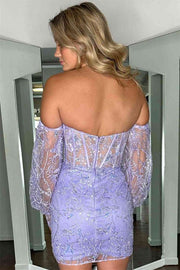 Elegant Lavender Strapless Sweetheart Long Sleeves Homecoming Dresses with Appliques