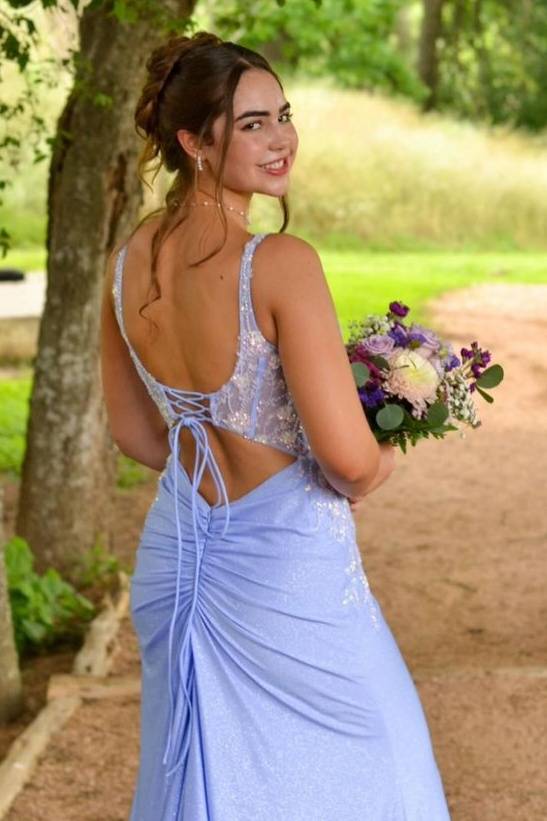 Lavender Square Neck Sleeveless Satin Prom Dresses with Slit