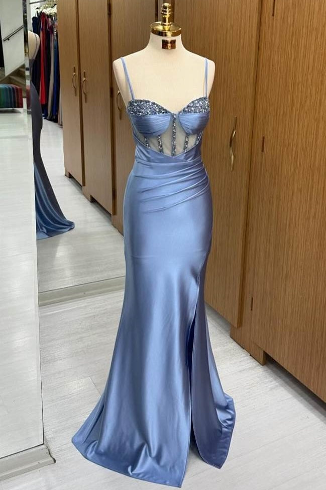 Dusty Blue Spaghetti Straps Mermaid Prom Dresses Satin with Sweep Train