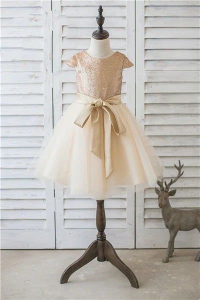 Sequined Jewel Neck Cap Sleeves A-Line Tulle Flower Girl Dresses with Sash