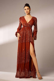 Floor-Length A-Line V-Neck Long Sleeves Evening Dresses