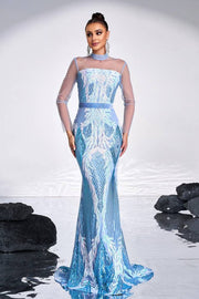 Pool High Neck Mermaid Sequin Tulle Evening Dresses with Long Sleeves