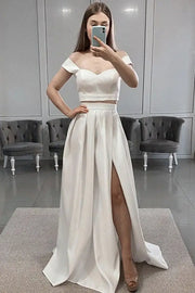 Two-Piece Off-The-Shoulder A-Line Satin Formal Prom Dresses with Slit