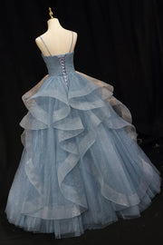 Dusty Blue Floor-Length A-Line Tulle Evening Dresses with Ruffles