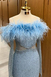 Fabulous Long Sleeves Off-The-Shoulder Sequined Mermaid Prom Dresses with Fur