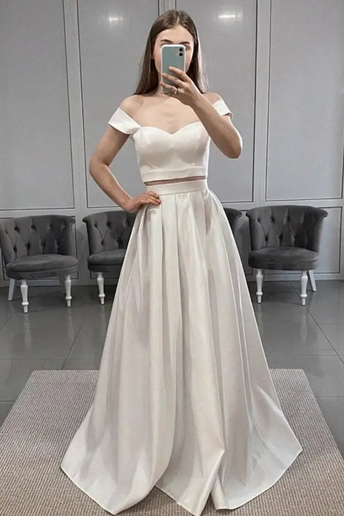 Two-Piece Off-The-Shoulder A-Line Satin Formal Prom Dresses with Slit