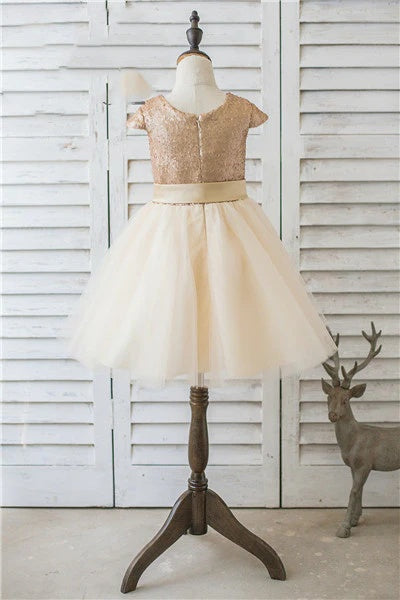 Sequined Jewel Neck Cap Sleeves A-Line Tulle Flower Girl Dresses with Sash