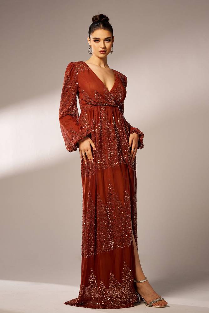 Floor-Length A-Line V-Neck Long Sleeves Evening Dresses