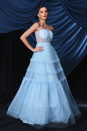 Blue Strapless A-Line Tulle Evening Prom Dresses