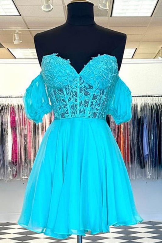 Turquoise Off the Shoulder A-Line Short Dress with Applique