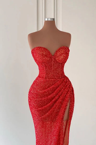 Red Sequined Strapless Sweetheart Mermaid Prom Dresses with Slit