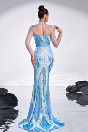 Pool High Neck Mermaid Sequin Tulle Evening Dresses with Long Sleeves