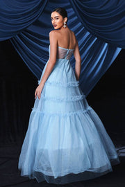 Blue Strapless A-Line Tulle Evening Prom Dresses