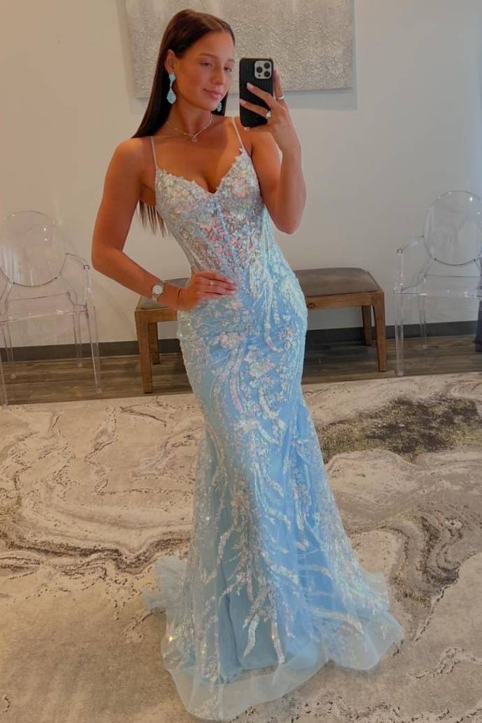 Sky Blue Spaghetti Straps Sequined Party Dresses with Open Back