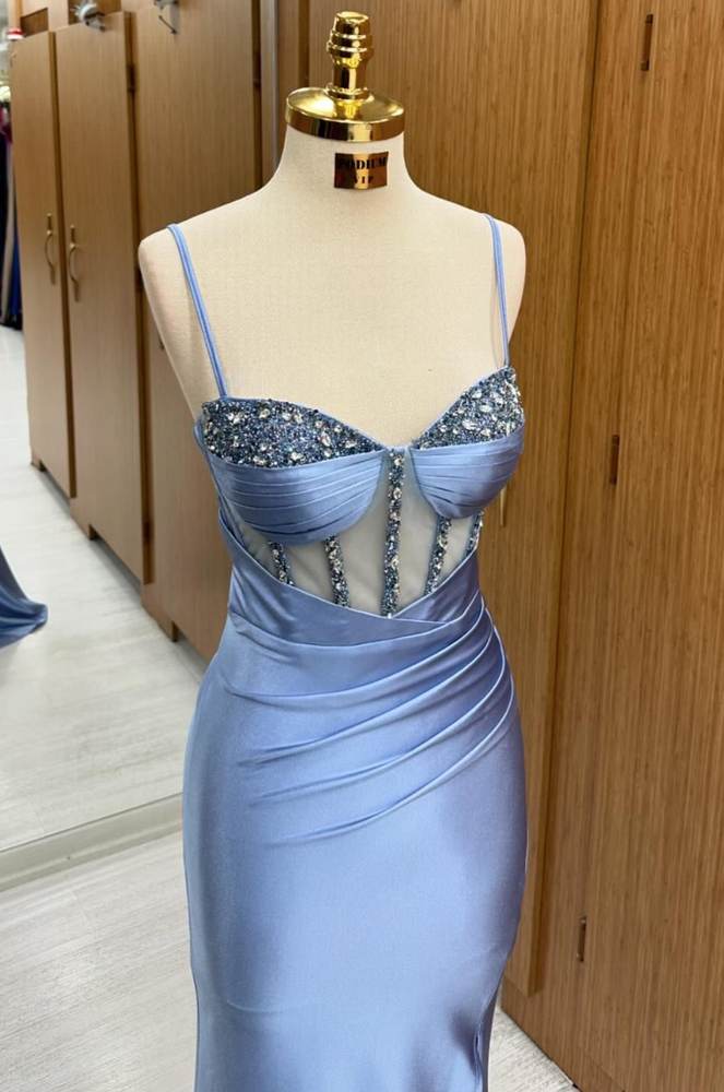 Dusty Blue Spaghetti Straps Mermaid Prom Dresses Satin with Sweep Train