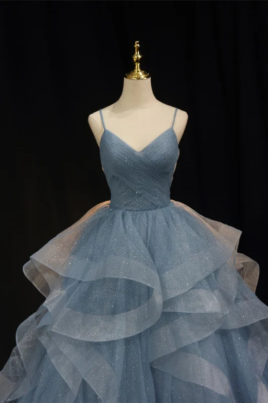 Dusty Blue Floor-Length A-Line Tulle Evening Dresses with Ruffles