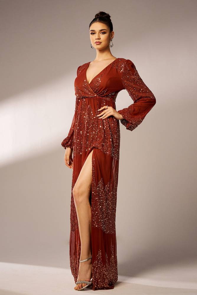 Floor-Length A-Line V-Neck Long Sleeves Evening Dresses