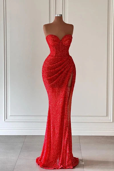 Red Sequined Strapless Sweetheart Mermaid Prom Dresses with Slit