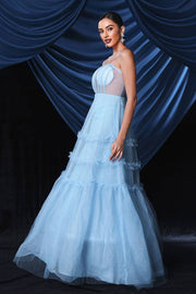 Blue Strapless A-Line Tulle Evening Prom Dresses