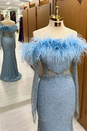 Fabulous Long Sleeves Off-The-Shoulder Sequined Mermaid Prom Dresses with Fur