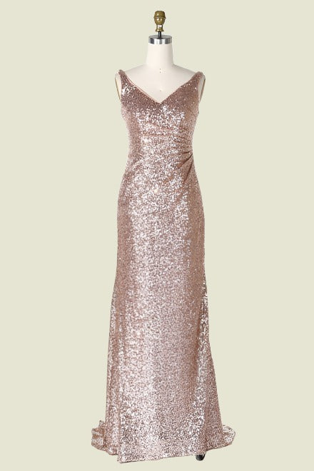 Luxurious V-Neck Sequined Sleeveless Mermaid Long Bridesmaid Dresses 