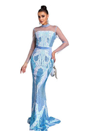 Pool High Neck Mermaid Sequin Tulle Evening Dresses with Long Sleeves