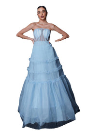 Blue Strapless A-Line Tulle Evening Prom Dresses