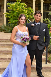 Lavender Square Neck Sleeveless Satin Prom Dresses with Slit