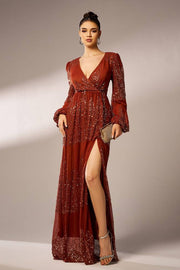 Floor-Length A-Line V-Neck Long Sleeves Evening Dresses