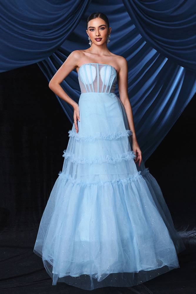 Blue Strapless A-Line Tulle Evening Prom Dresses