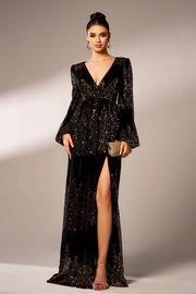 Floor-Length A-Line V-Neck Long Sleeves Evening Dresses