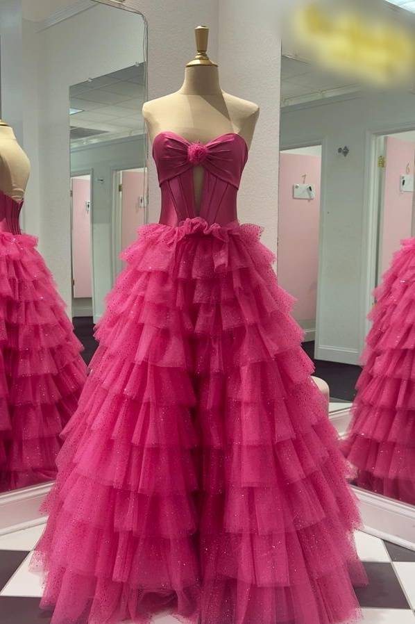 Fuchsia Tiered Tulle Strapless A-Line Prom Dresses with Handmade Flower