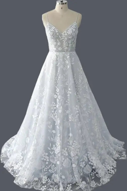 White V Neck A-Line Lace Long Wedding Dress with Applique Front Side