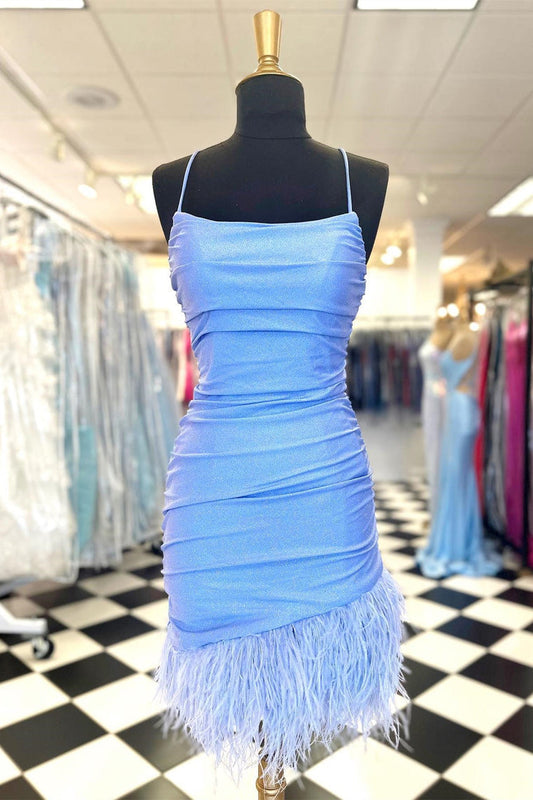 Blue Spaghetti Straps Tight Short Homecoming Dress with Feathers