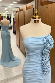 Exquisite Strapless Court Train Mermaid Satin Prom Dresses with Flowers