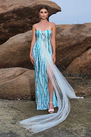 Blue Sequined Strapless Mermaid Tulle Prom Evening Dresses with Slit