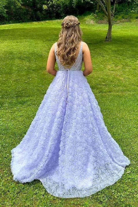 Lavender Sweep Train A-Line Tulle Party Dresses with Lace-Up