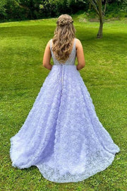 Lavender Sweep Train A-Line Tulle Party Dresses with Lace-Up