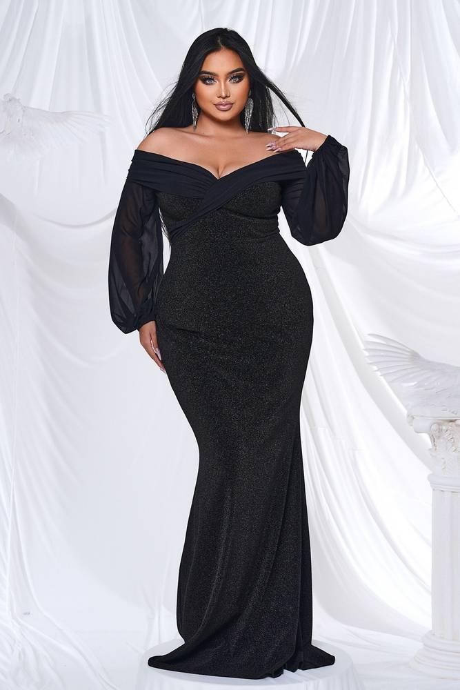 Black Plus Size Off-The-Shoulder Mermaid Sequin Evening Dresses