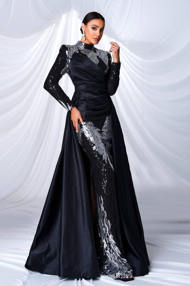 Black Mermaid High Neck Sequin Satin Evening Dresses