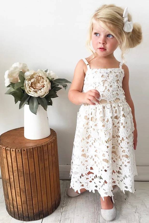 Tea-Length Spaghetti Straps A-Line Lace Flower Girl Dresses