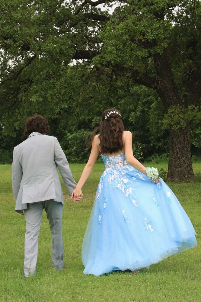 Light Blue Spaghetti Straps A-line Tulle Prom Dresses with Appliques