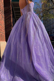 Lavender Floor-Length Strapless Tulle Prom Dresses