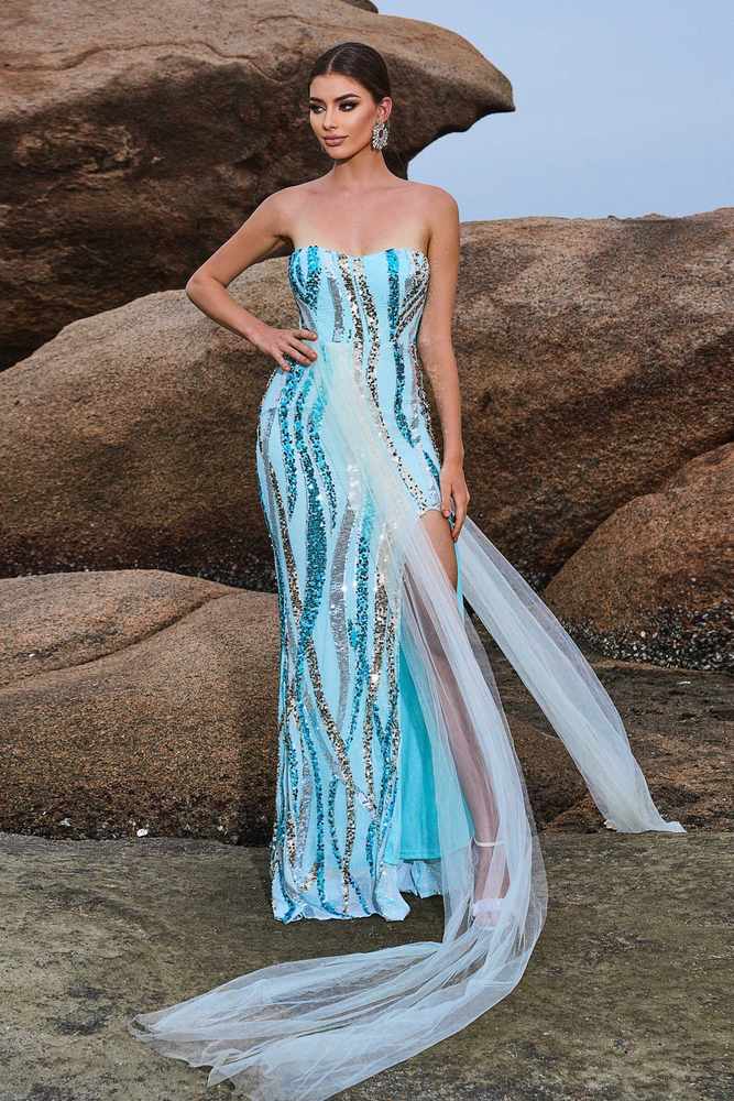 Blue Sequined Strapless Mermaid Tulle Prom Evening Dresses with Slit