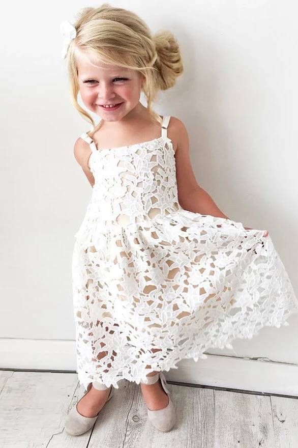 Tea-Length Spaghetti Straps A-Line Lace Flower Girl Dresses