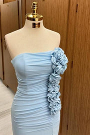 Exquisite Strapless Court Train Mermaid Satin Prom Dresses with Flowers