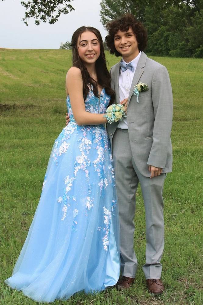 Light Blue Spaghetti Straps A-line Tulle Prom Dresses with Appliques