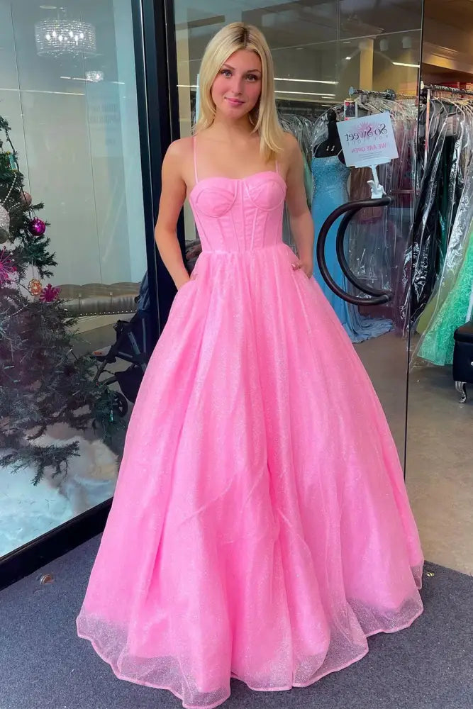 Candy Pink Floor-Length Strapless Tulle Prom Dresses