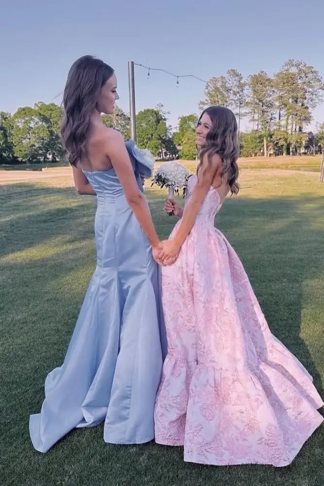 Blue Mermiad Satin Long Strapless Bridesmaid Dresses with Bow