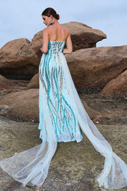 Blue Sequined Strapless Mermaid Tulle Prom Evening Dresses with Slit